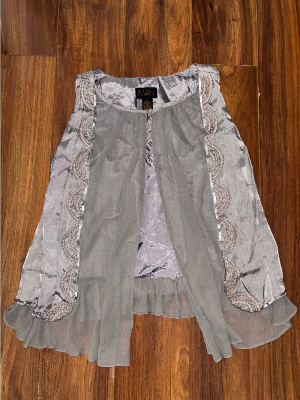 IMAN Gray Beaded Sheer Layered Camisole